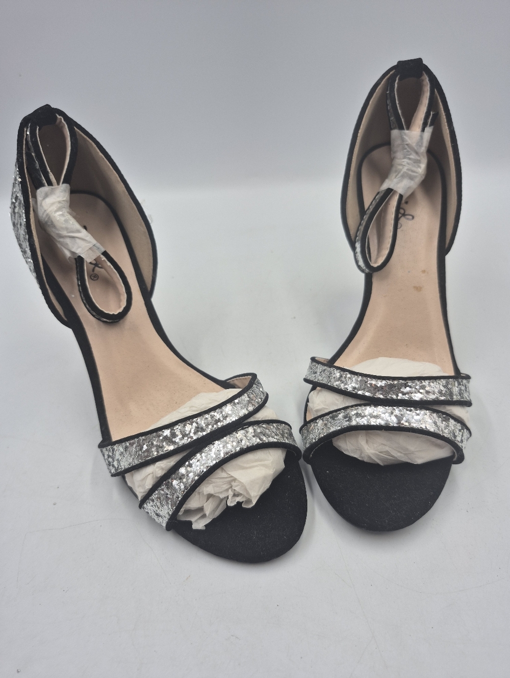 Qupid Silver Sparkle Strappy Heels in a stunning glitter finish. Size 6 1/2"
